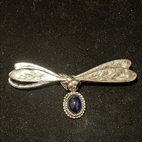 Silver Dragonfly Brooch with Blue Gemstone